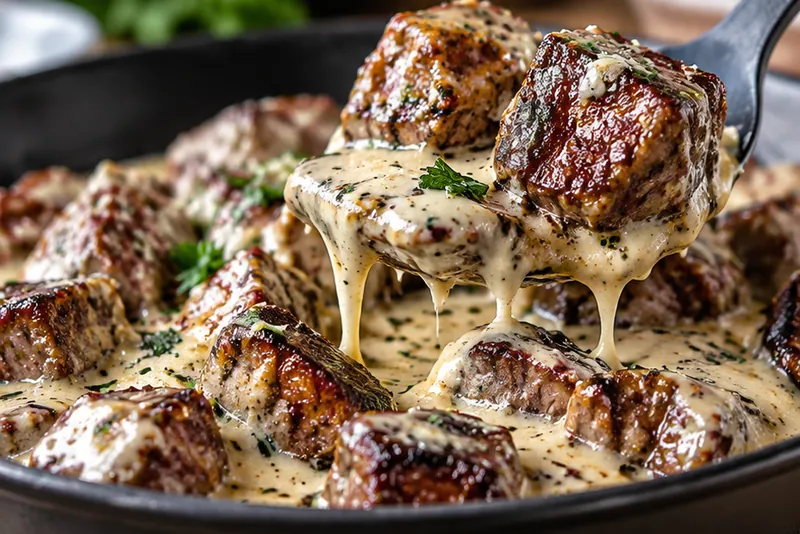 Garlic Butter Steak Bites with Parmesan Cream Sauce, ready to serve