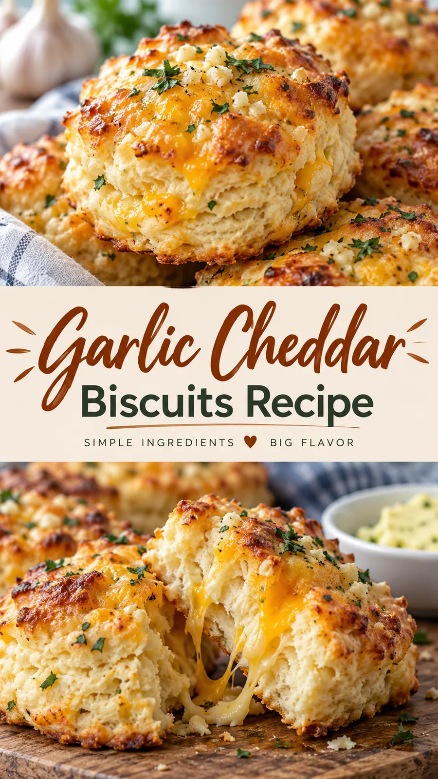 Pinterest image for Garlic Cheddar Biscuits Recipe, with two photos of the recipe