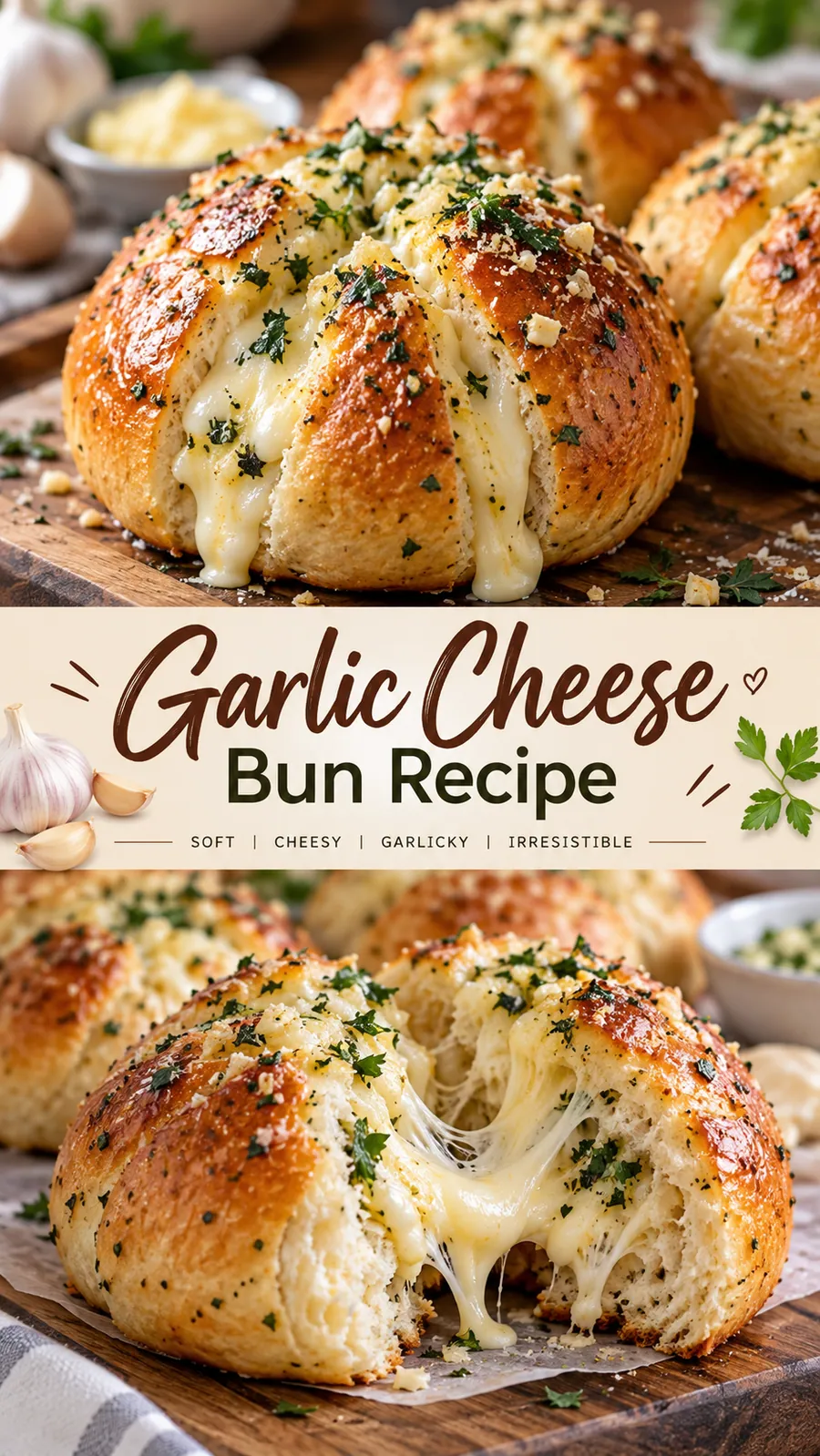 Pinterest image for Garlic Cheese Bun Recipe, with two photos of the recipe