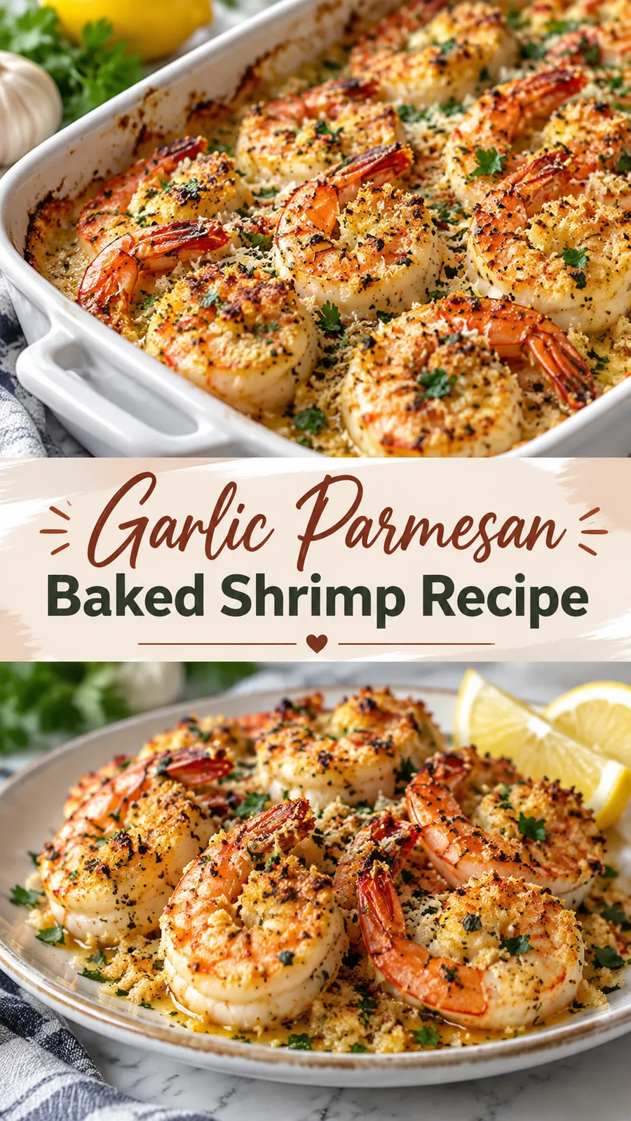 Pinterest image for Garlic Parmesan Baked Shrimp Recipe, with two photos of the recipe