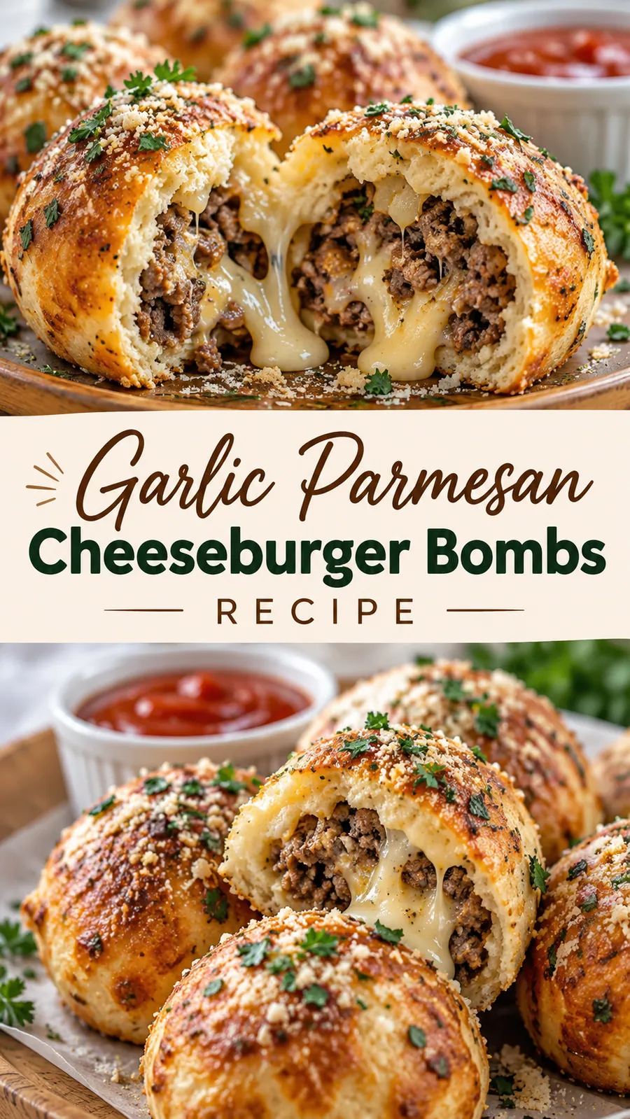Pinterest image for Garlic Parmesan Cheeseburger Bombs Recipe, with two photos of the recipe