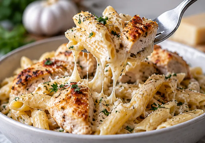 Garlic Parmesan Chicken Pasta Recipe, ready to serve