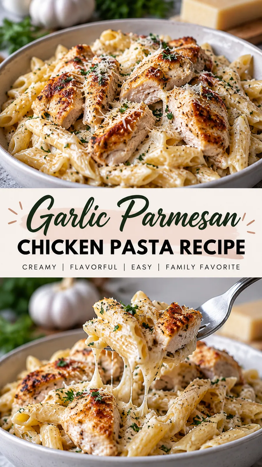 Pinterest image for Garlic Parmesan Chicken Pasta Recipe, with two photos of the recipe