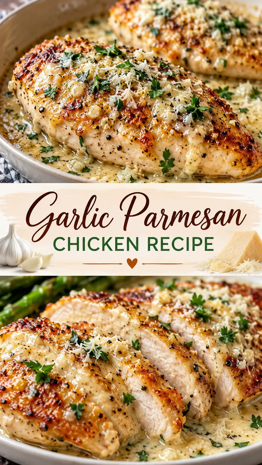 Pinterest image for Garlic Parmesan Chicken Recipe, with two photos of the recipe