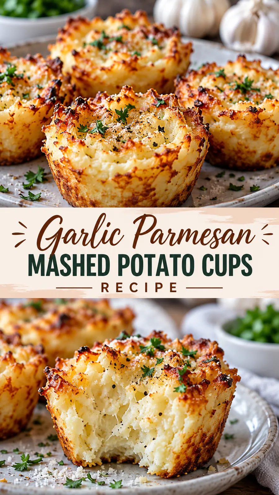 Pinterest image for Garlic Parmesan Mashed Potato Cups Recipe, with two photos of the recipe