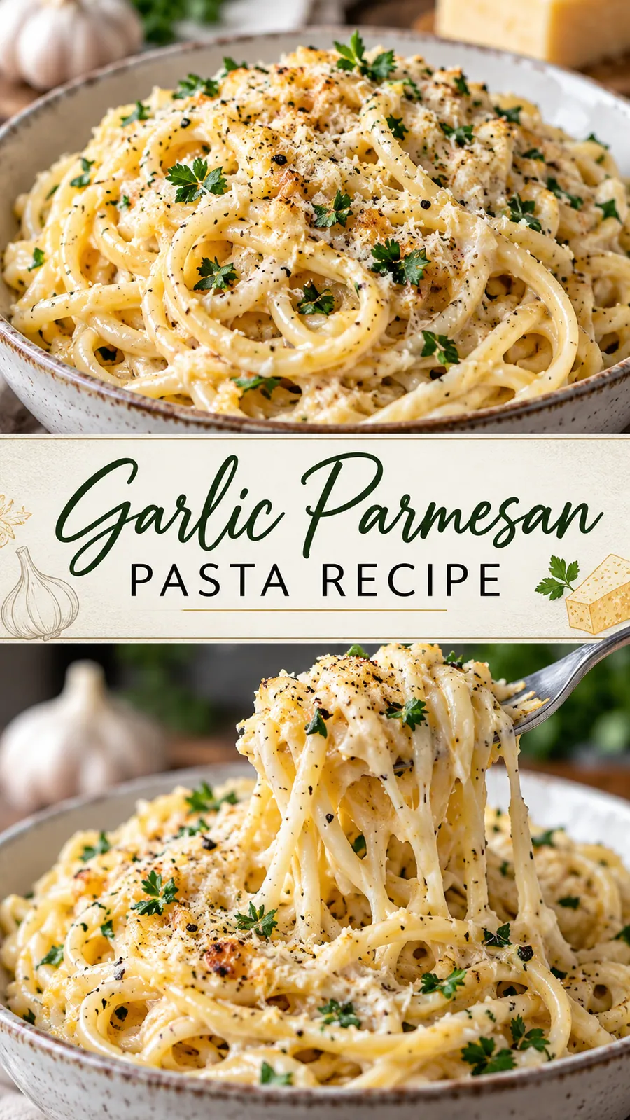 Pinterest image for Garlic Parmesan Pasta Recipe, with two photos of the recipe