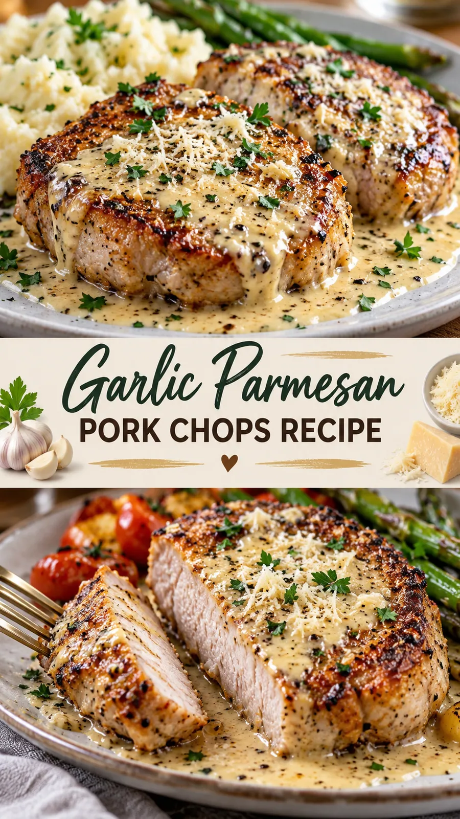 Pinterest image for Garlic Parmesan Pork Chops Recipe, with two photos of the recipe
