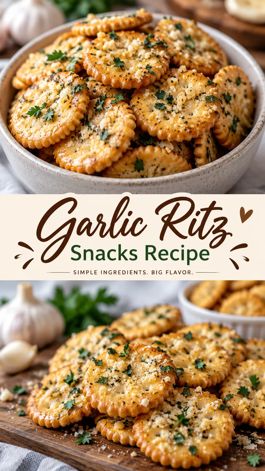 Pinterest image for Garlic Ritz Snacks Recipe, with two photos of the recipe