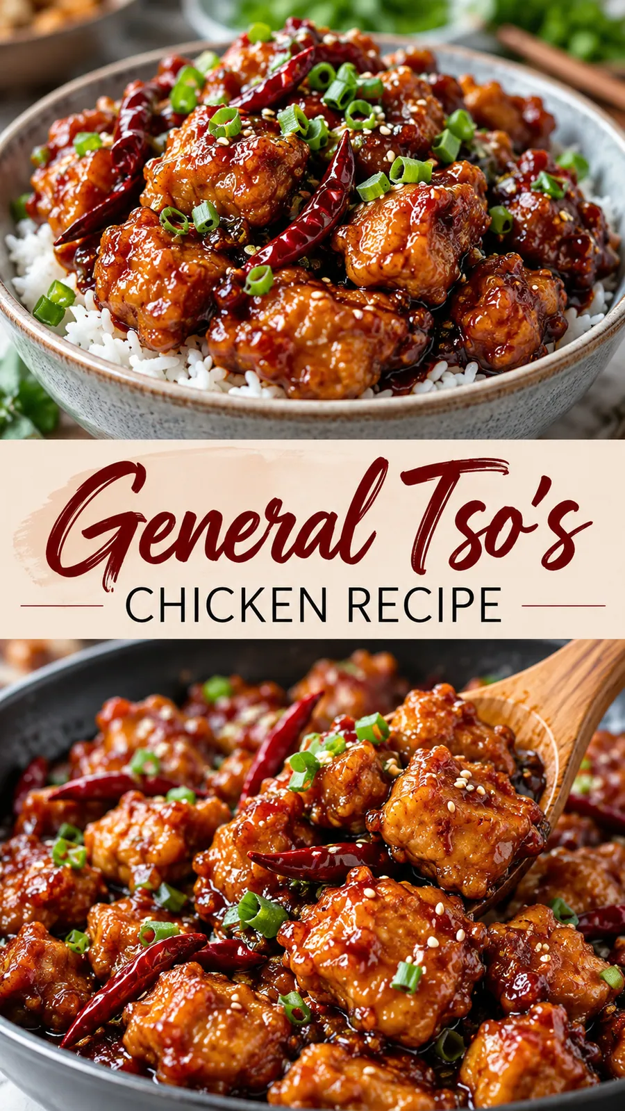 Pinterest image for General Tso's Chicken Recipe, with two photos of the recipe
