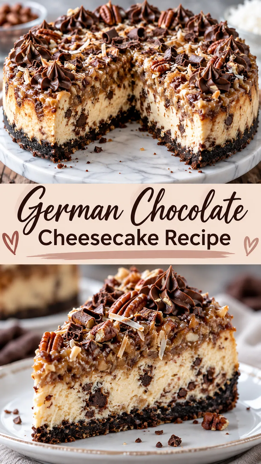 Pinterest image for German Chocolate Cheesecake Recipe, with two photos of the recipe