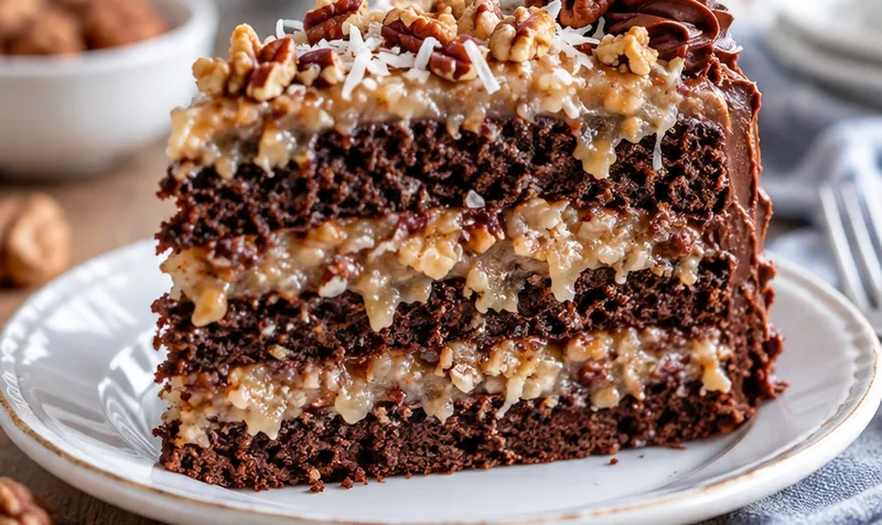 German Chocolate Walnut Cake with Pecans, ready to serve