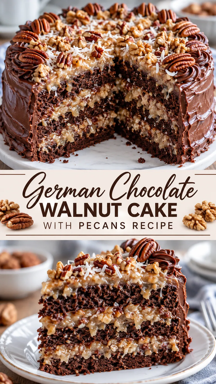 Pinterest image for German Chocolate Walnut Cake With Pecans Recipe, with two photos of the recipe