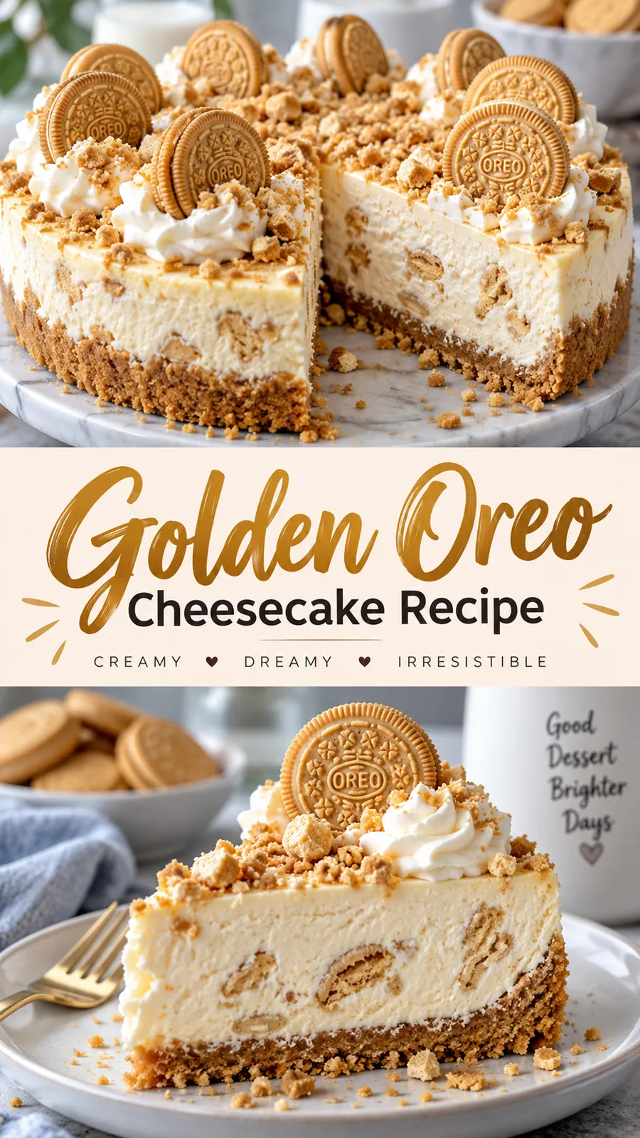 Pinterest image for Golden Oreo Cheesecake Recipe, with two photos of the recipe
