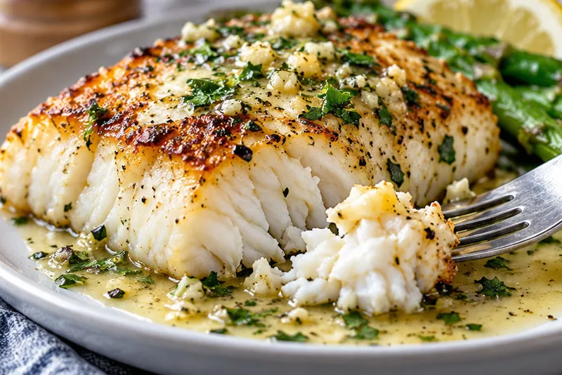 Golden Seared Cod with Herb Butter Sauce, ready to serve