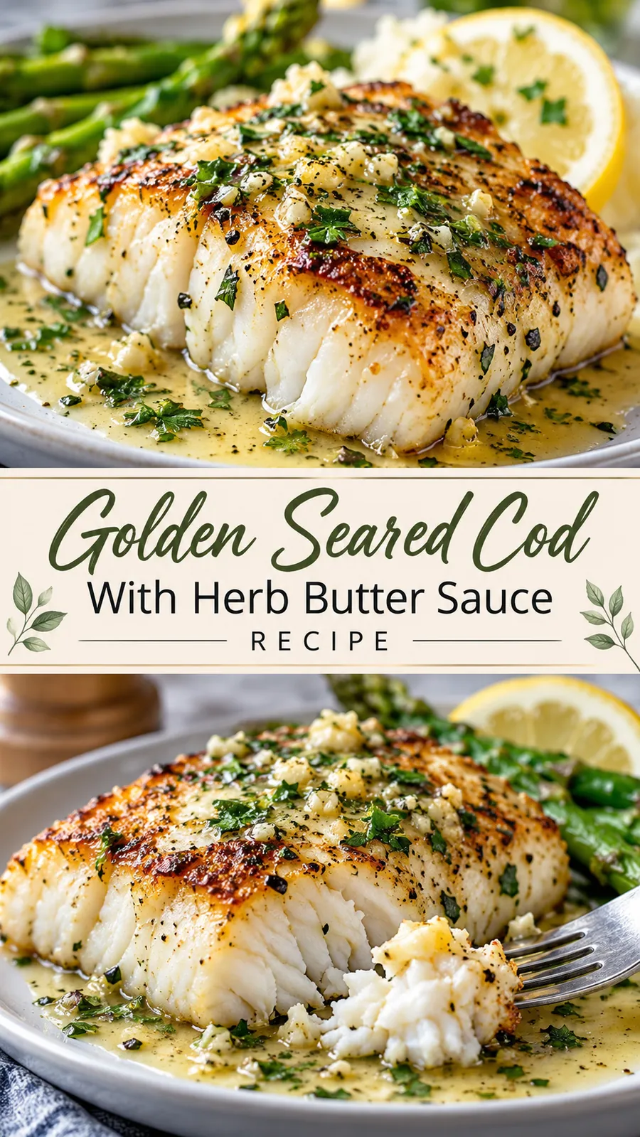 Pinterest image for Golden Seared Cod With Herb Butter Sauce Recipe, with two photos of the recipe