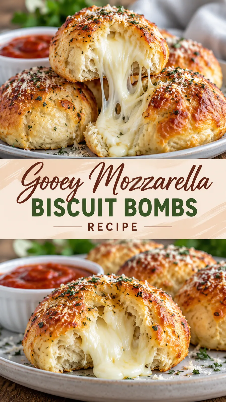 Pinterest image for Gooey Mozzarella Biscuit Bombs Recipe, with two photos of the recipe