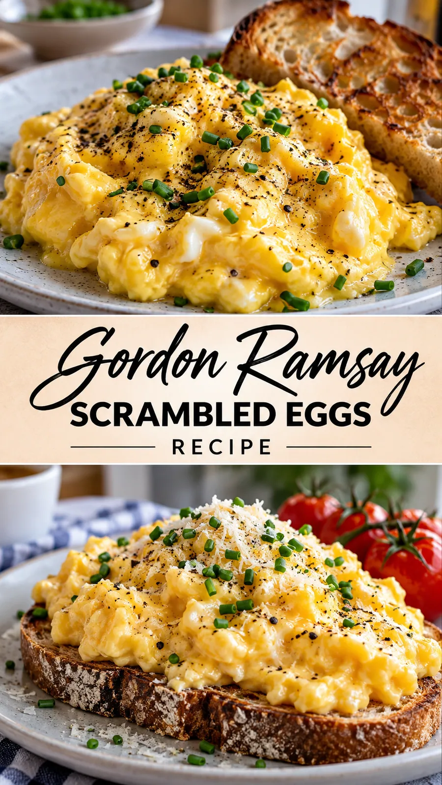 Pinterest image for Gordon Ramsay Scrambled Eggs Recipe, with two photos of the recipe