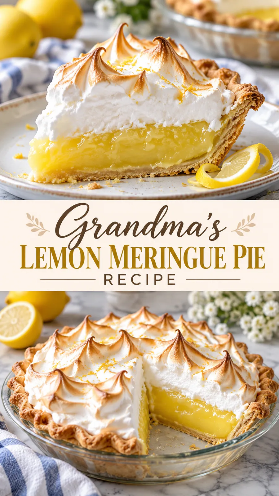 Pinterest image for Grandma's Lemon Meringue Pie Recipe, with two photos of the recipe