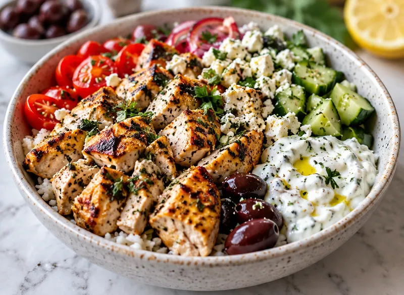 Greek Chicken Bowls Recipe, ready to serve