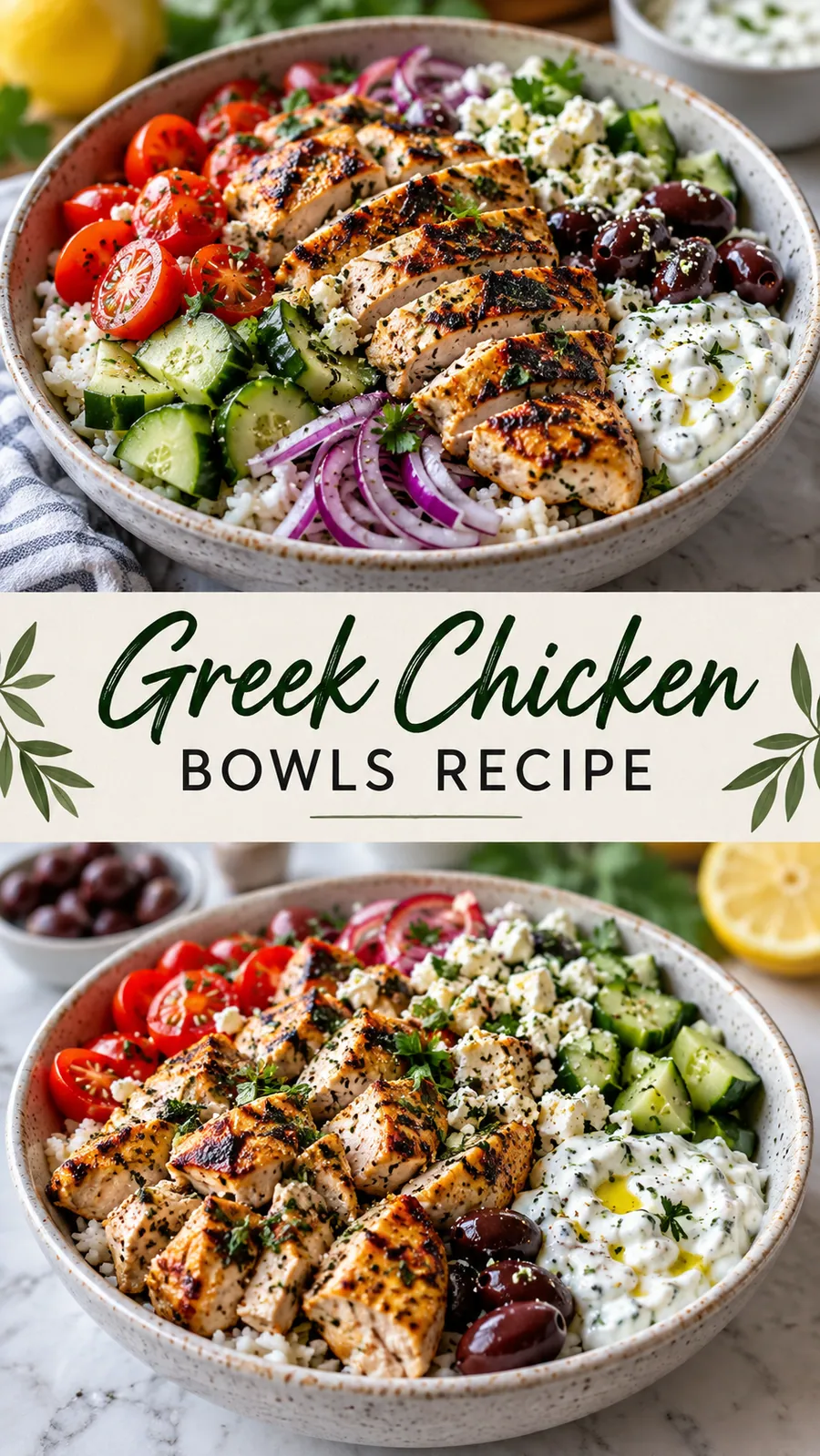 Pinterest image for Greek Chicken Bowls Recipe, with two photos of the recipe