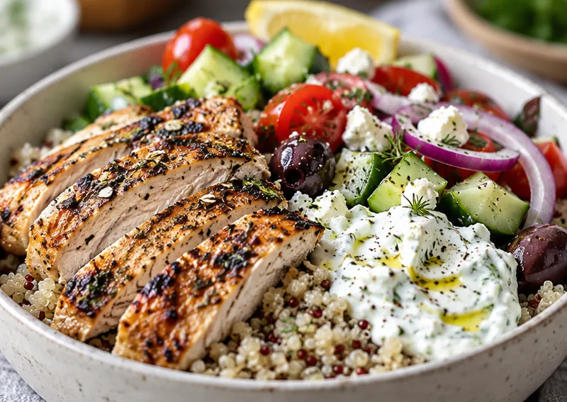 Greek Chicken Quinoa Bowl Recipe, ready to serve