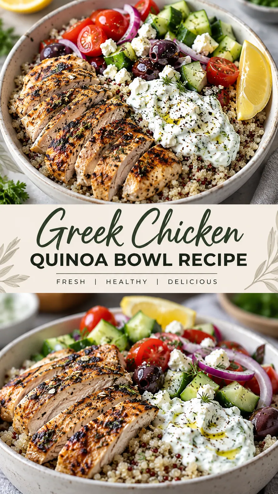 Pinterest image for Greek Chicken Quinoa Bowl Recipe, with two photos of the recipe