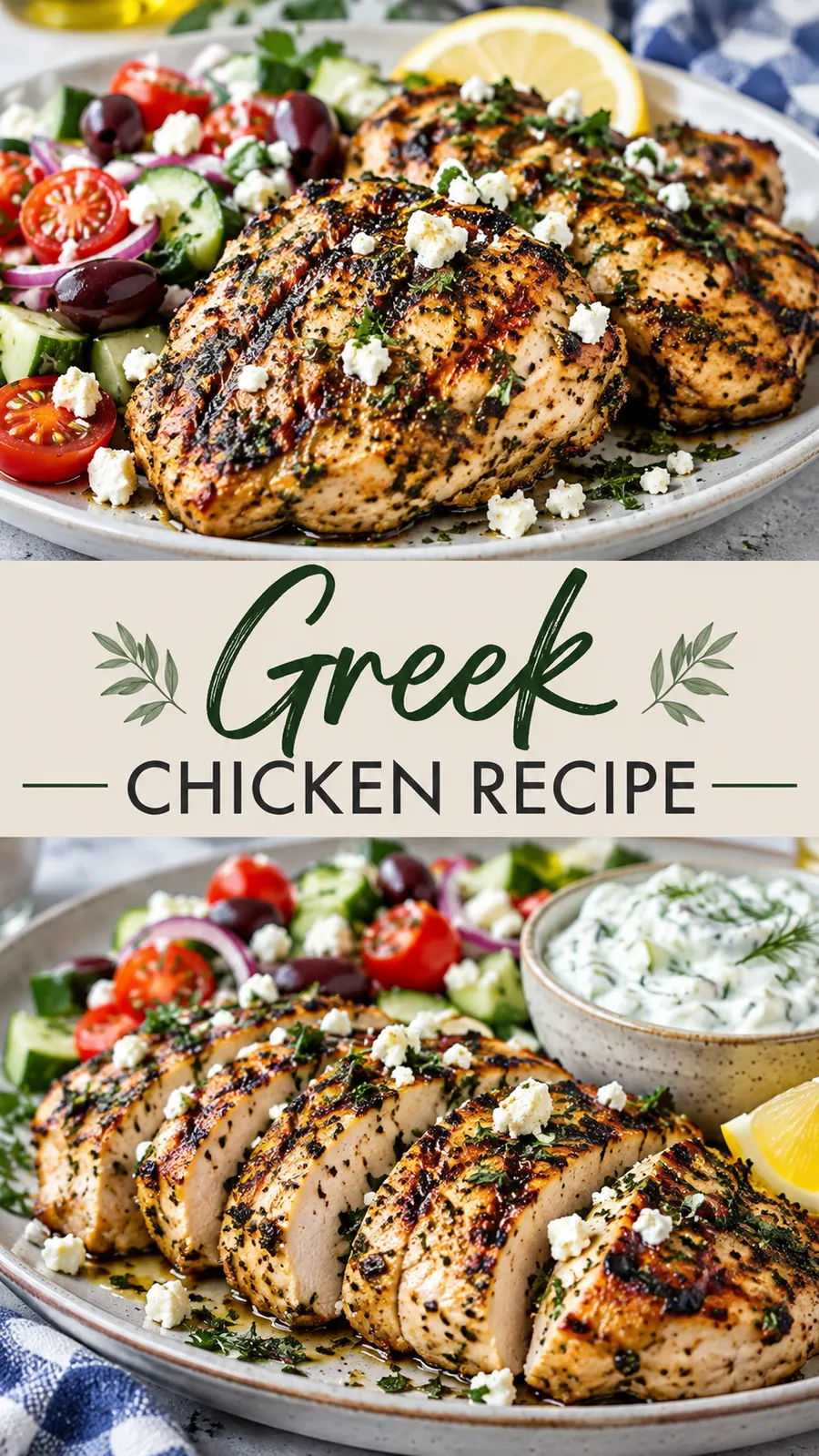 Pinterest image for Greek Chicken Recipe, with two photos of the recipe