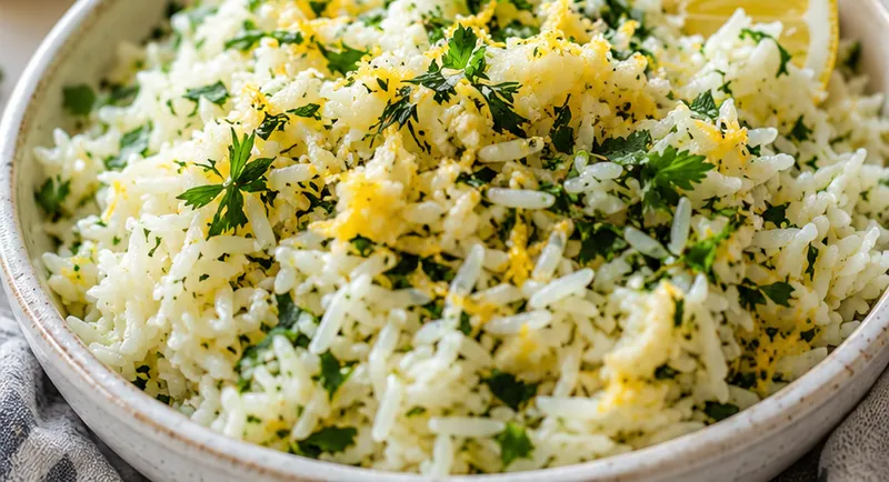 Greek Lemon Rice with Garlic and Fresh Herbs, ready to serve