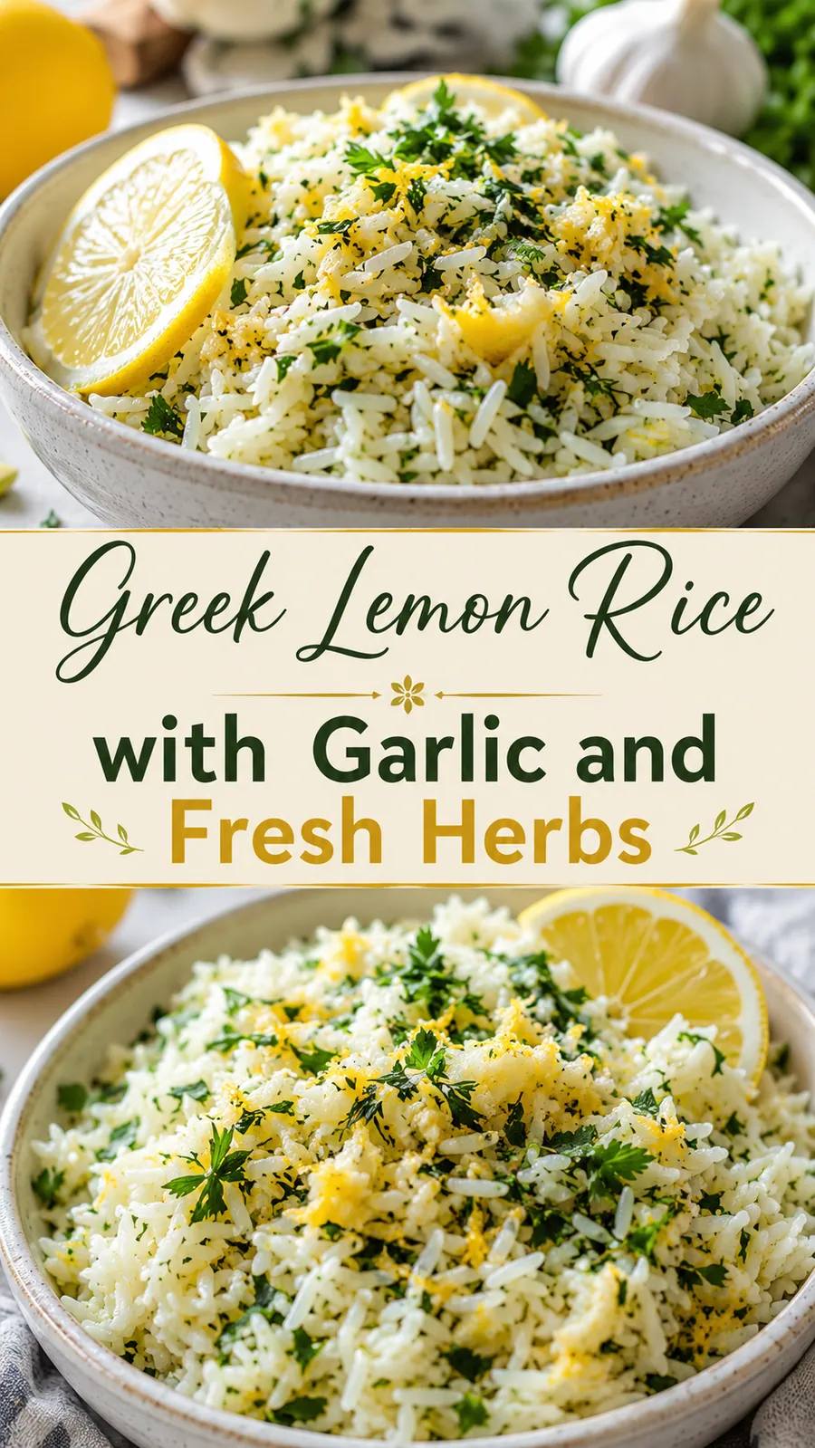 Pinterest image for Greek Lemon Rice With Garlic And Fresh Herbs, with two photos of the recipe