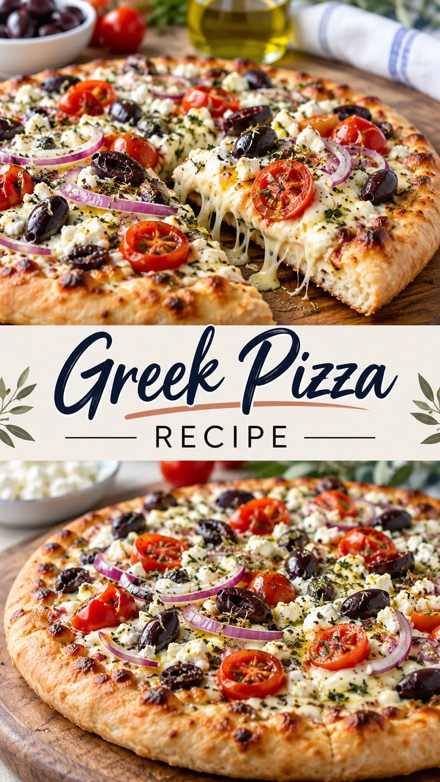Pinterest image for Greek Pizza Recipe, with two photos of the recipe