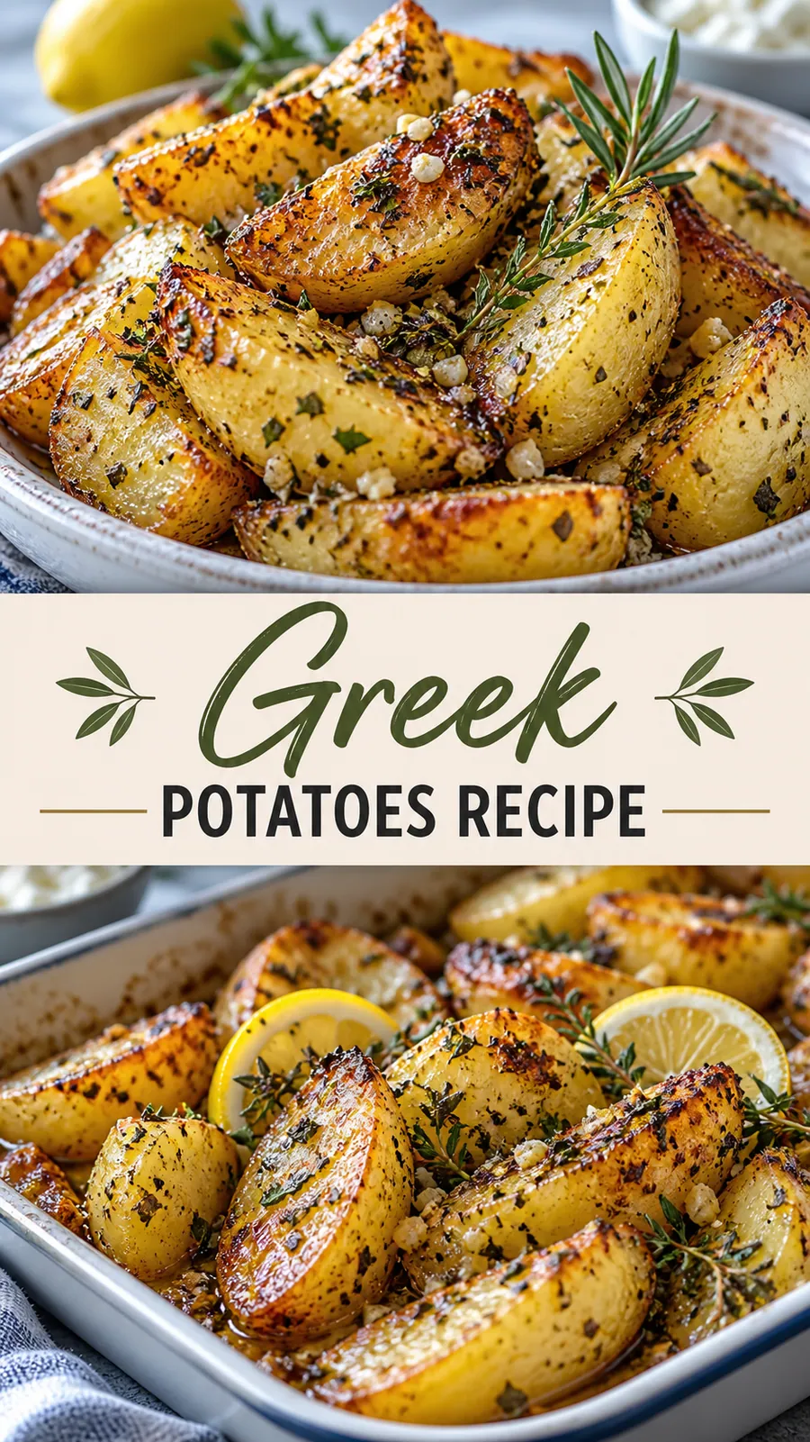 Pinterest image for Greek Potatoes Recipe, with two photos of the recipe