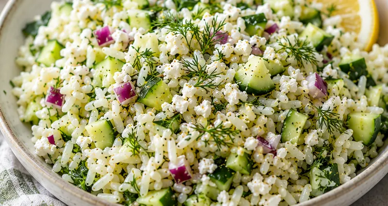 Greek Rice Salad with Cucumbers and Dill, ready to serve