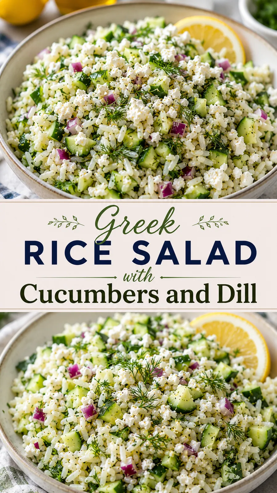 Pinterest image for Greek Rice Salad With Cucumbers And Dill, with two photos of the recipe