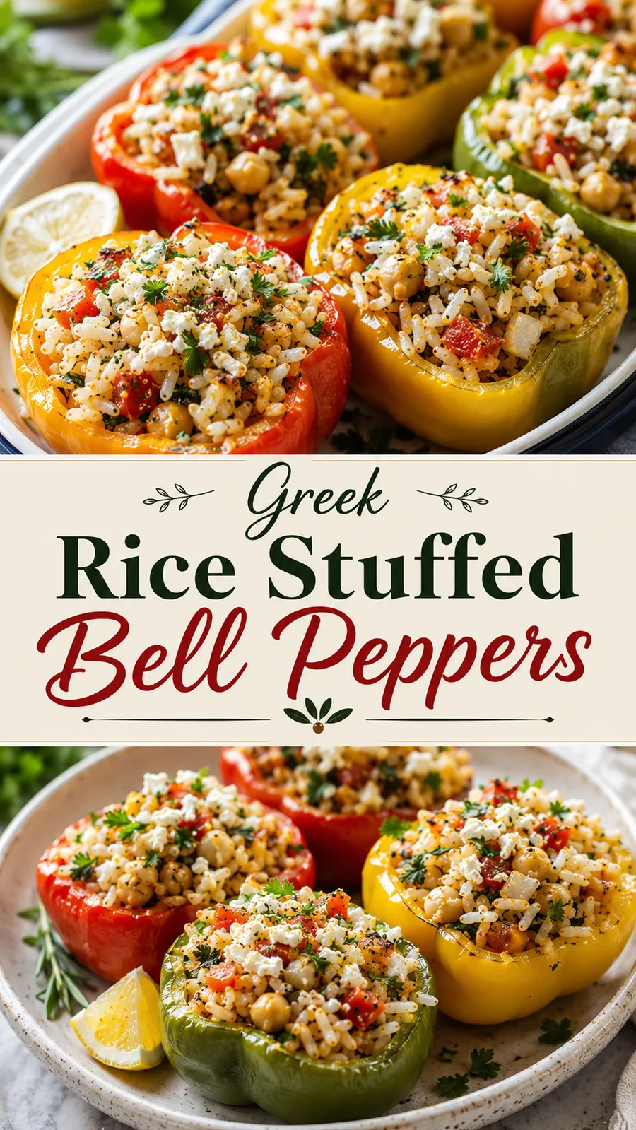 Pinterest image for Greek Rice Stuffed Bell Peppers, with two photos of the recipe
