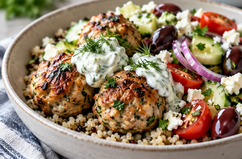 Greek Turkey Meatballs with Tzatziki, ready to serve