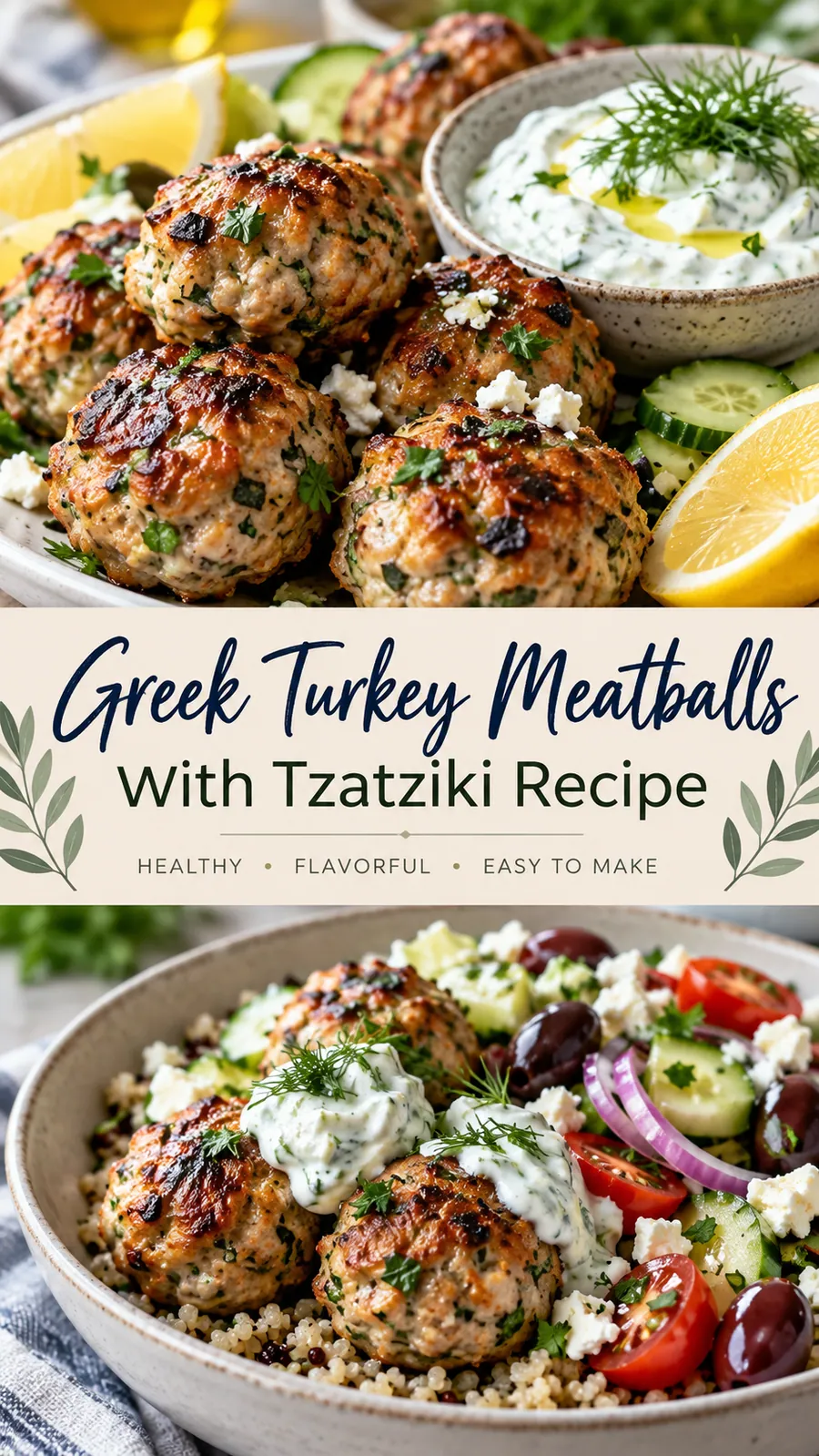 Pinterest image for Greek Turkey Meatballs With Tzatziki Recipe, with two photos of the recipe