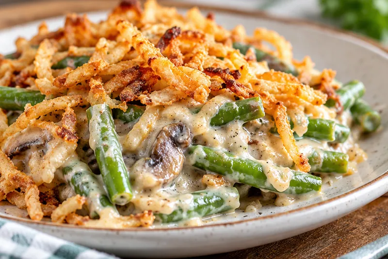 Green Bean Casserole with Frozen Green Beans, ready to serve