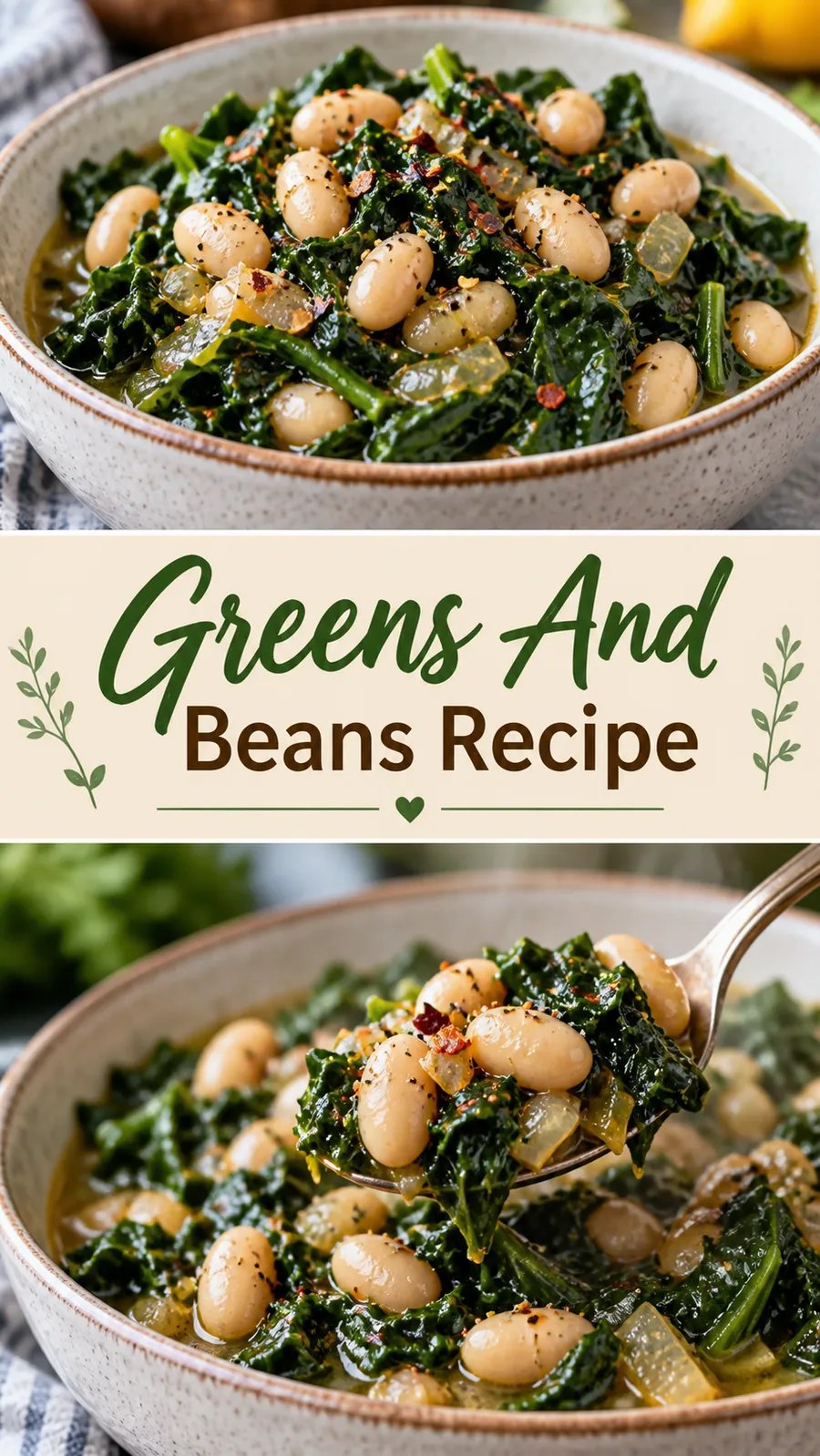 Pinterest image for Greens And Beans Recipe, with two photos of the recipe