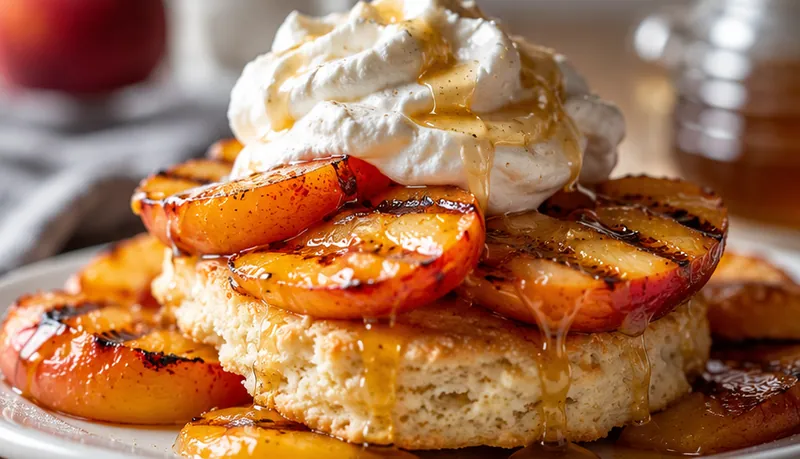 Grilled Peach Shortcake with Honey Whipped Cream, ready to serve