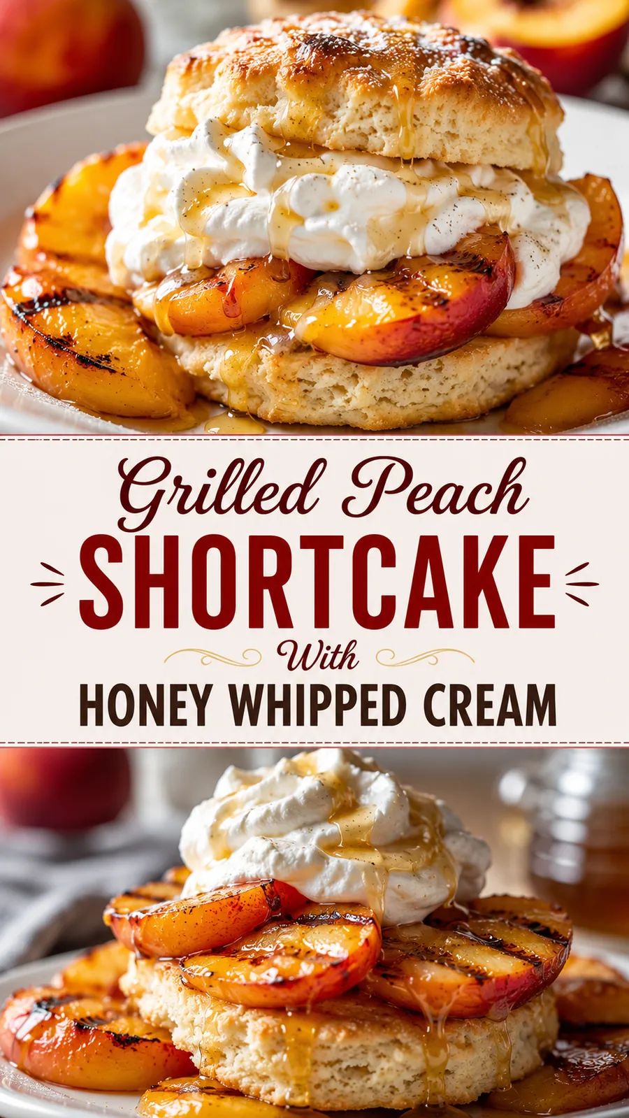 Pinterest image for Grilled Peach Shortcake With Honey Whipped Cream, with two photos of the recipe