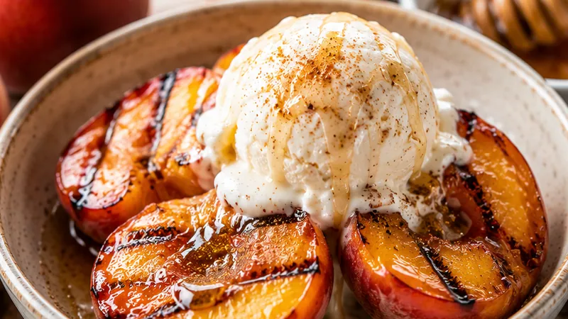 Grilled Peaches with Honey, Cinnamon & Vanilla Ice Cream