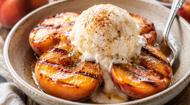 Grilled Peaches with Honey, Cinnamon & Vanilla Ice Cream, ready to serve