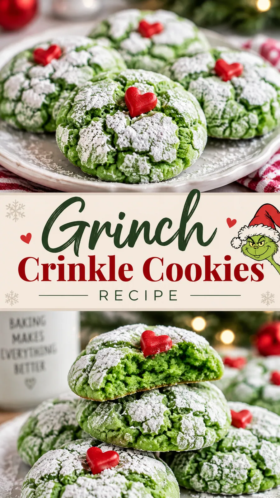 Pinterest image for Grinch Crinkle Cookies Recipe, with two photos of the recipe