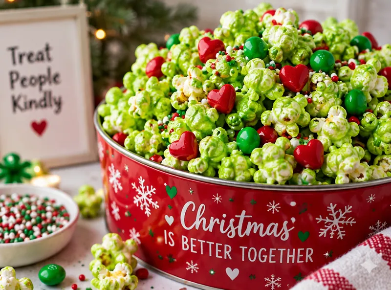 Grinch Popcorn Festive Holiday Treat Recipe, ready to serve