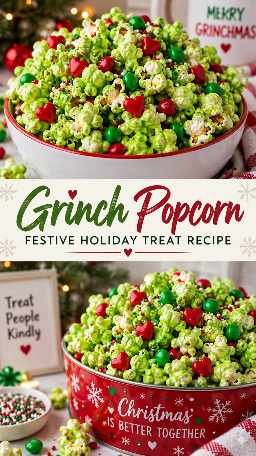 Pinterest image for Grinch Popcorn Festive Holiday Treat Recipe, with two photos of the recipe