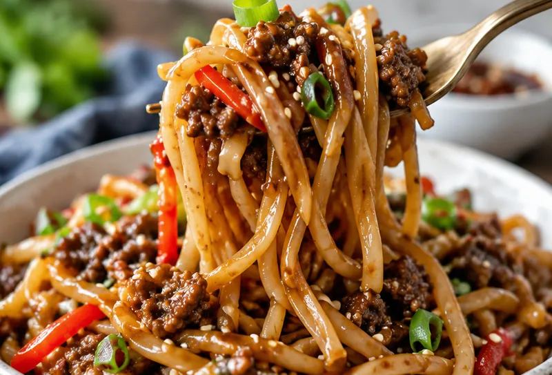 Ground Beef Mongolian Noodles, ready to serve
