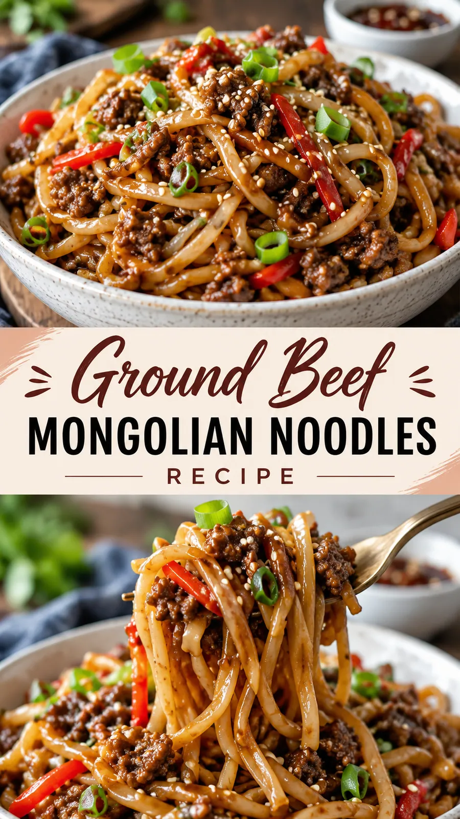 Pinterest image for Ground Beef Mongolian Noodles Recipe, with two photos of the recipe
