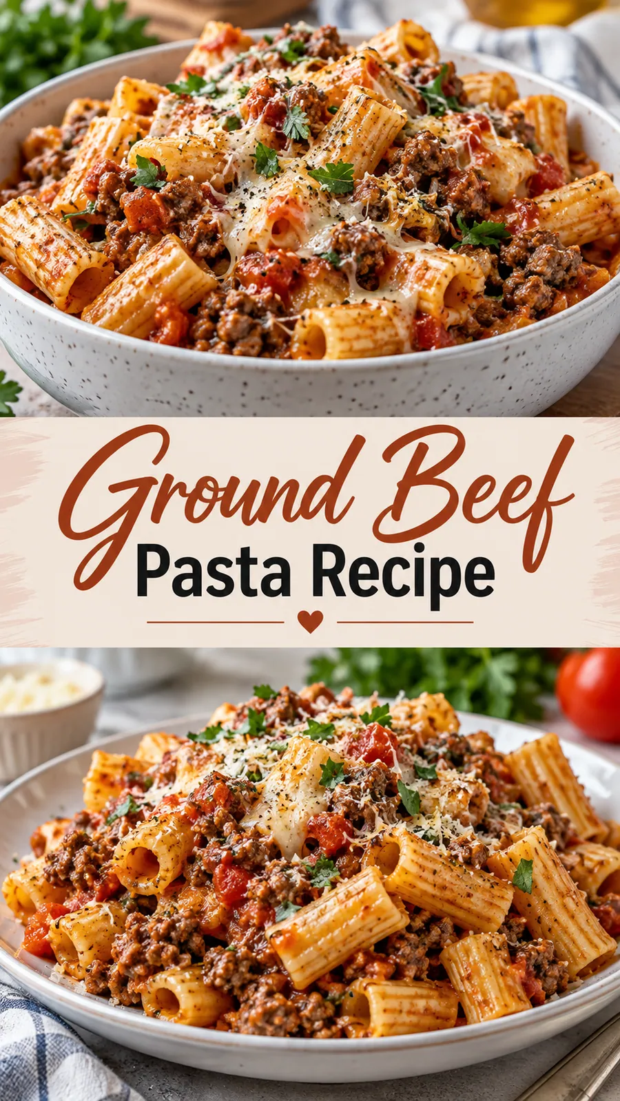 Pinterest image for Ground Beef Pasta Recipe, with two photos of the recipe