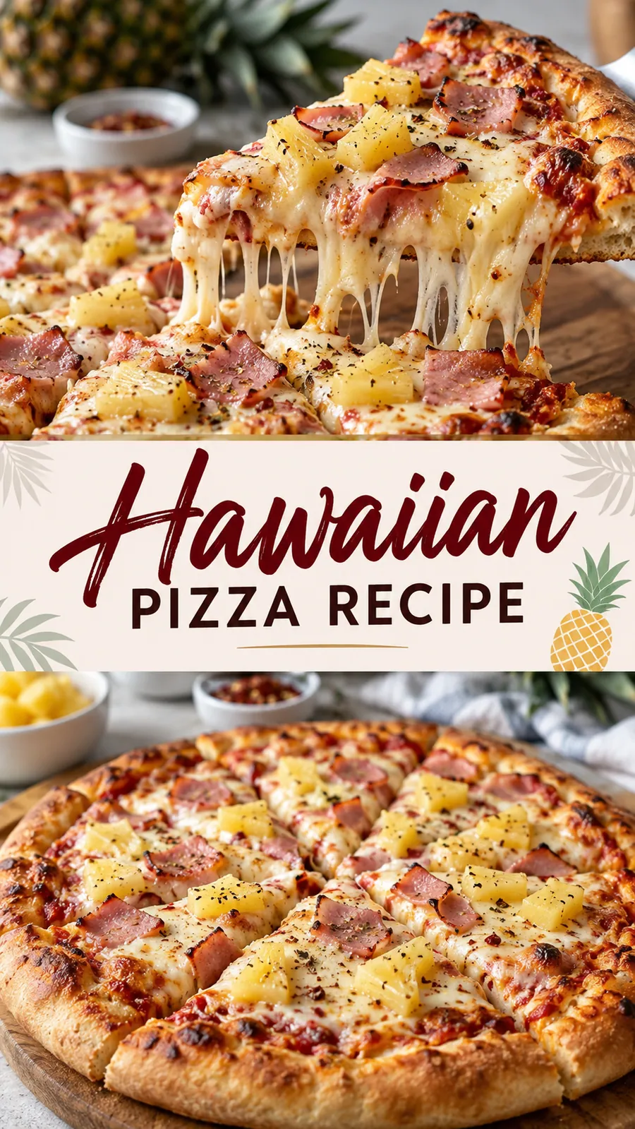 Pinterest image for Hawaiian Pizza Recipe, with two photos of the recipe