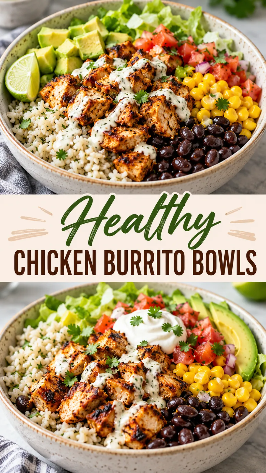 Pinterest image for Healthy Chicken Burrito Bowls, with two photos of the recipe